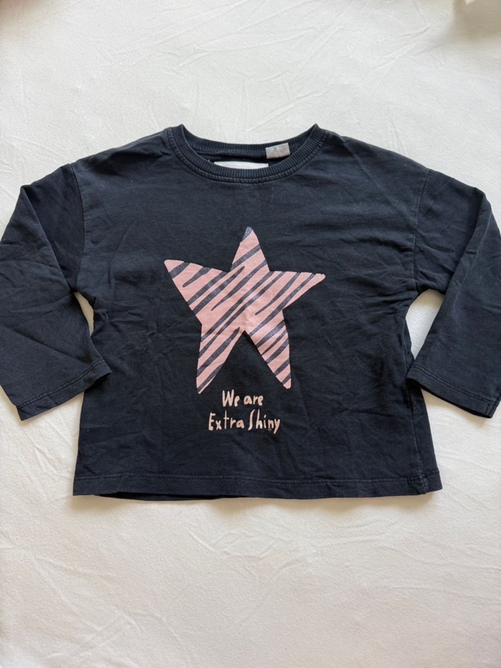 Zara Toddler Girl Black Long-Sleeve Tee with Pink Striped Star Size 1 1/2 Years